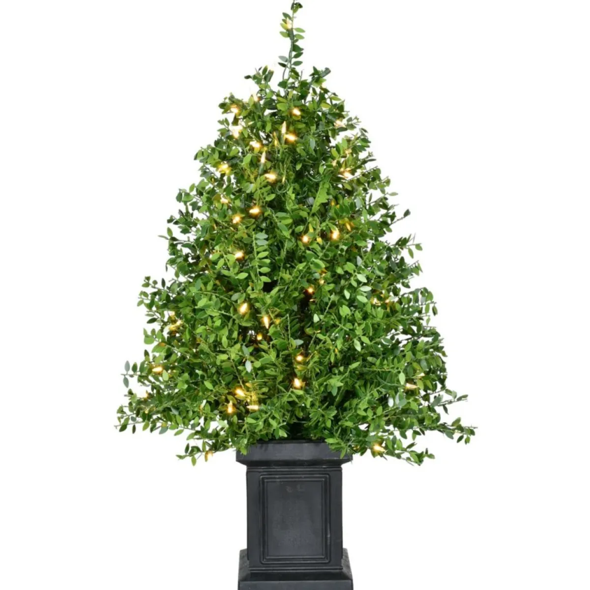 Fraser Hill Farm Outdoor Decor | Boxwood Porch Tree In Black Pot With Warm White Lights, Set Of 2