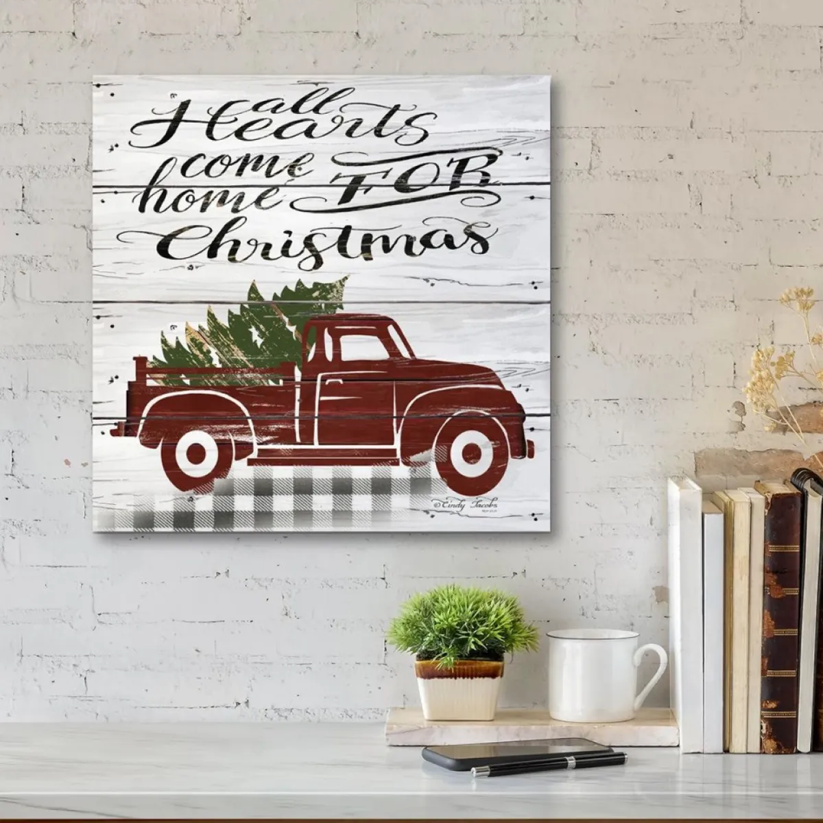 Courtside Market Indoor Decor | All Hearts Red Truck 14" X 14" Wood Art
