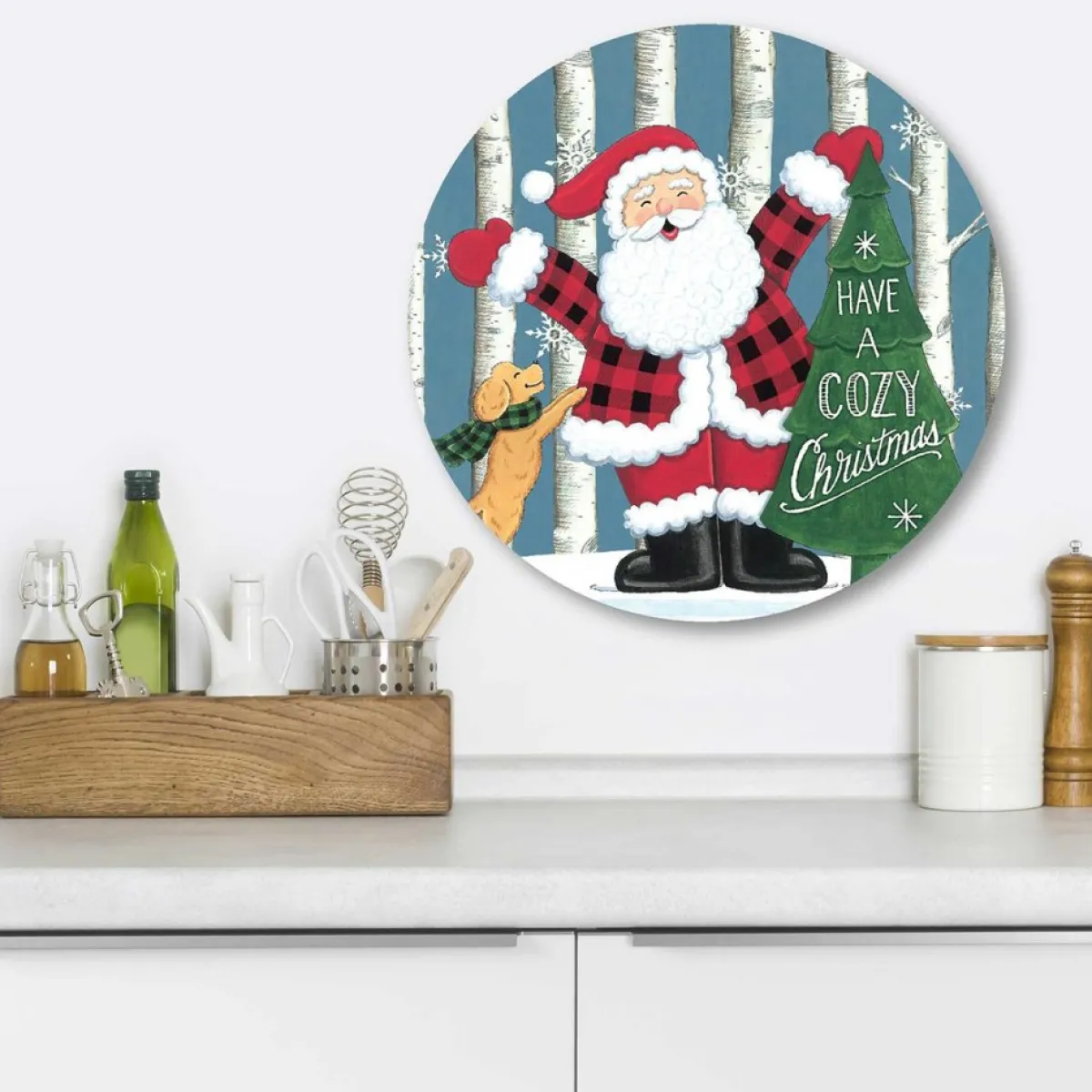 Courtside Market Indoor Decor | Buffalo Plaid Santa 12X12 Circular Wood Decor