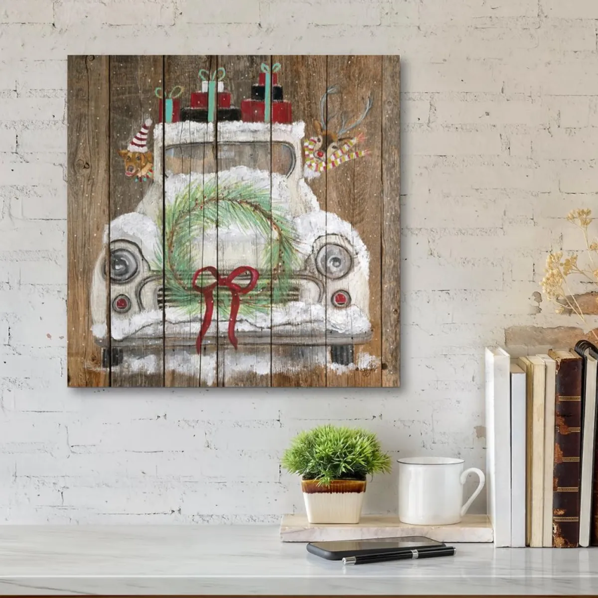 Courtside Market Indoor Decor | Christmas Truck 14" X 14" Wood Art