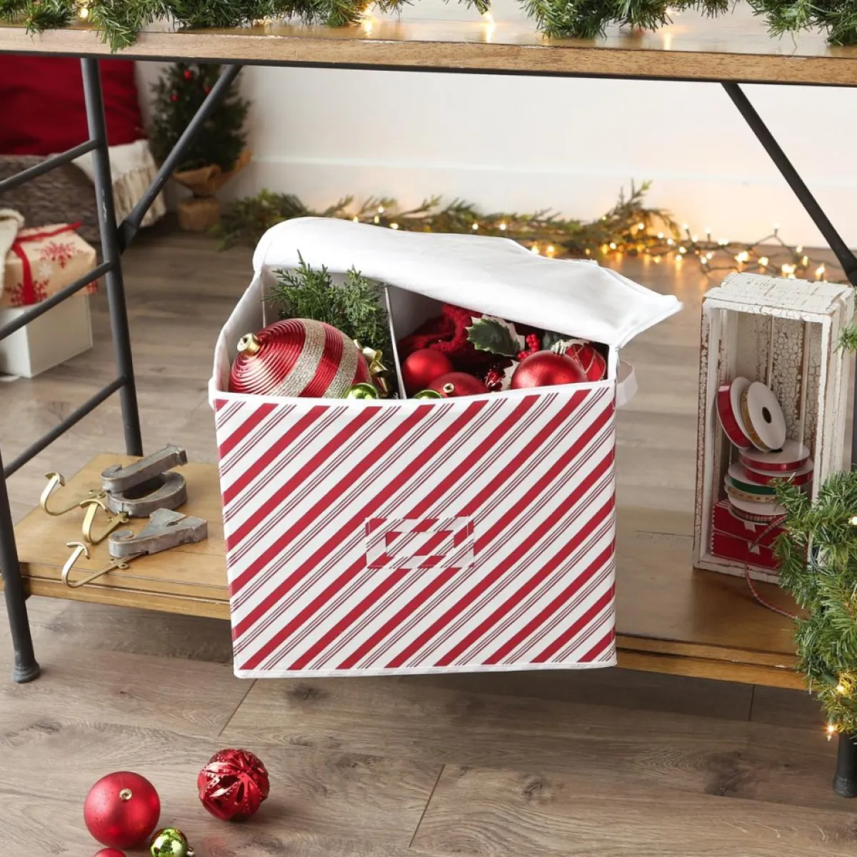 design_imports_holiday_candy_stripe_print_ornament_storage_bin_large_7.webp Design Imports Storage | Holiday Candy Stripe Print Ornament Storage Bin, Large