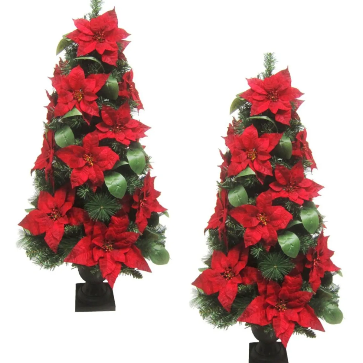 Fraser Hill Farm Christmas Trees | 4' Christmas Porch Trees W Velvet Poinsettias 2-Pack