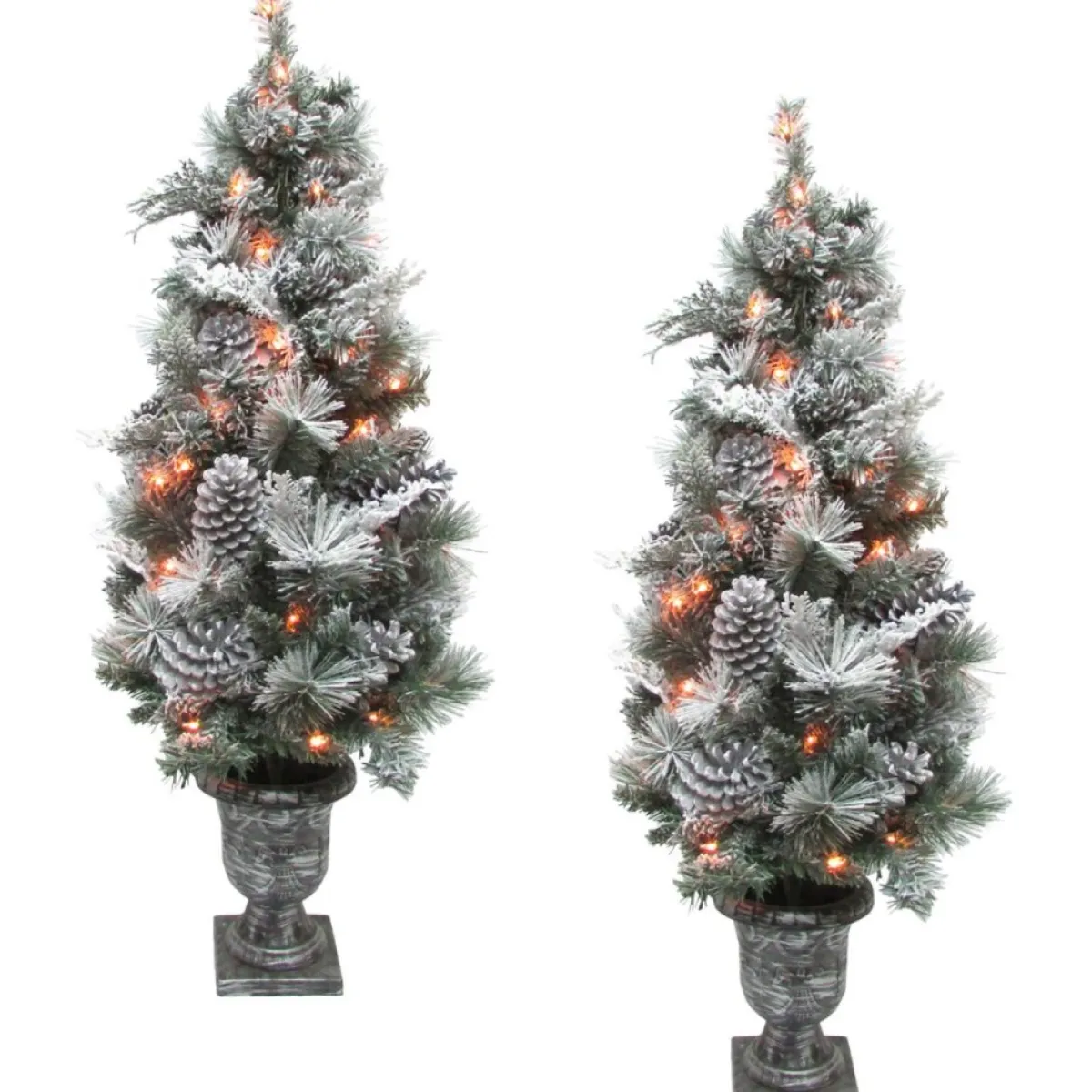Fraser Hill Farm Christmas Trees | 4' Christmas Prelit Flocked Trees W Pinecones 2-Pack