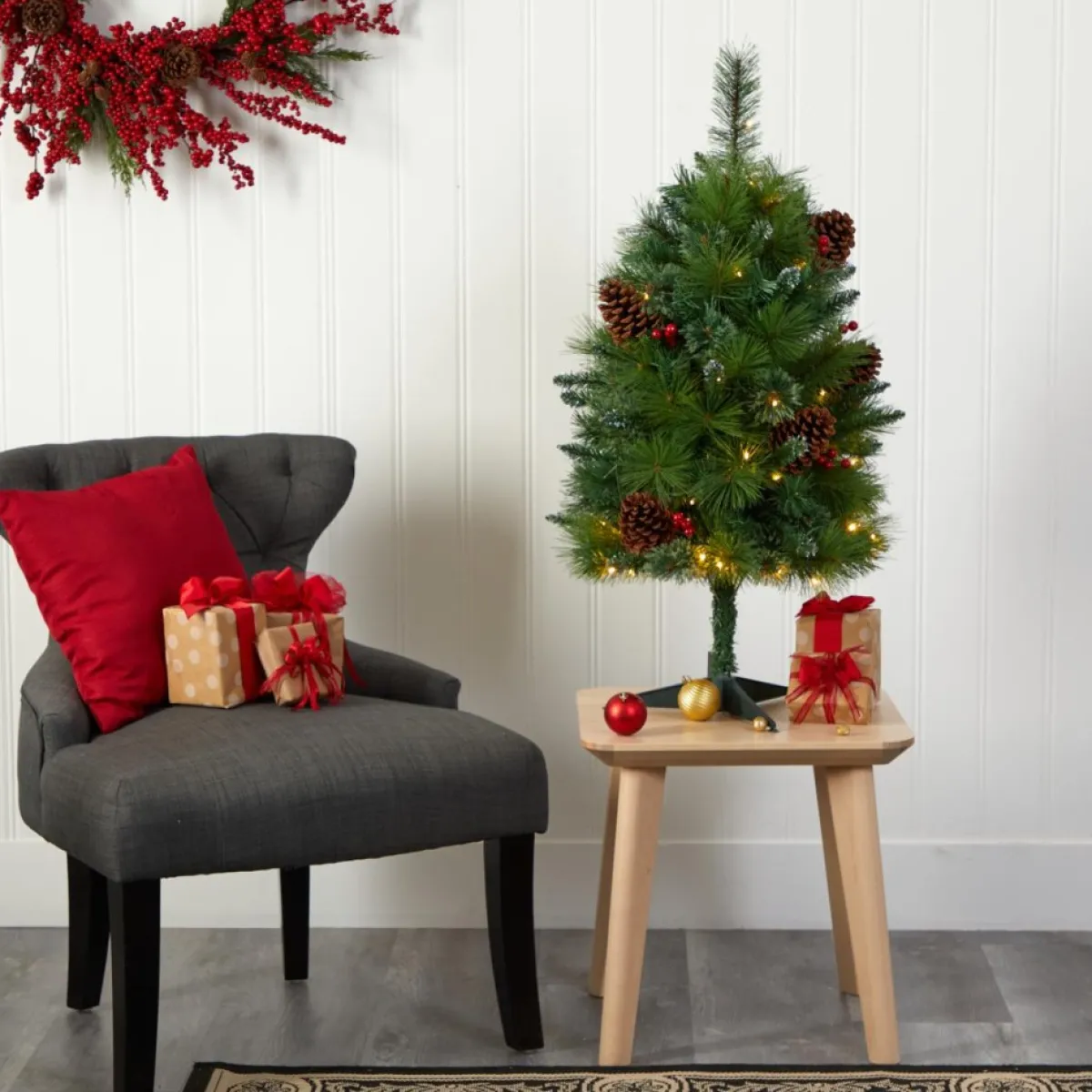 Nearly Natural Christmas Trees | 3 Ft. Montana Mixed Pine Artificial Christmas Tree With Pine Cones, Berries And 50 Clear Led Lights