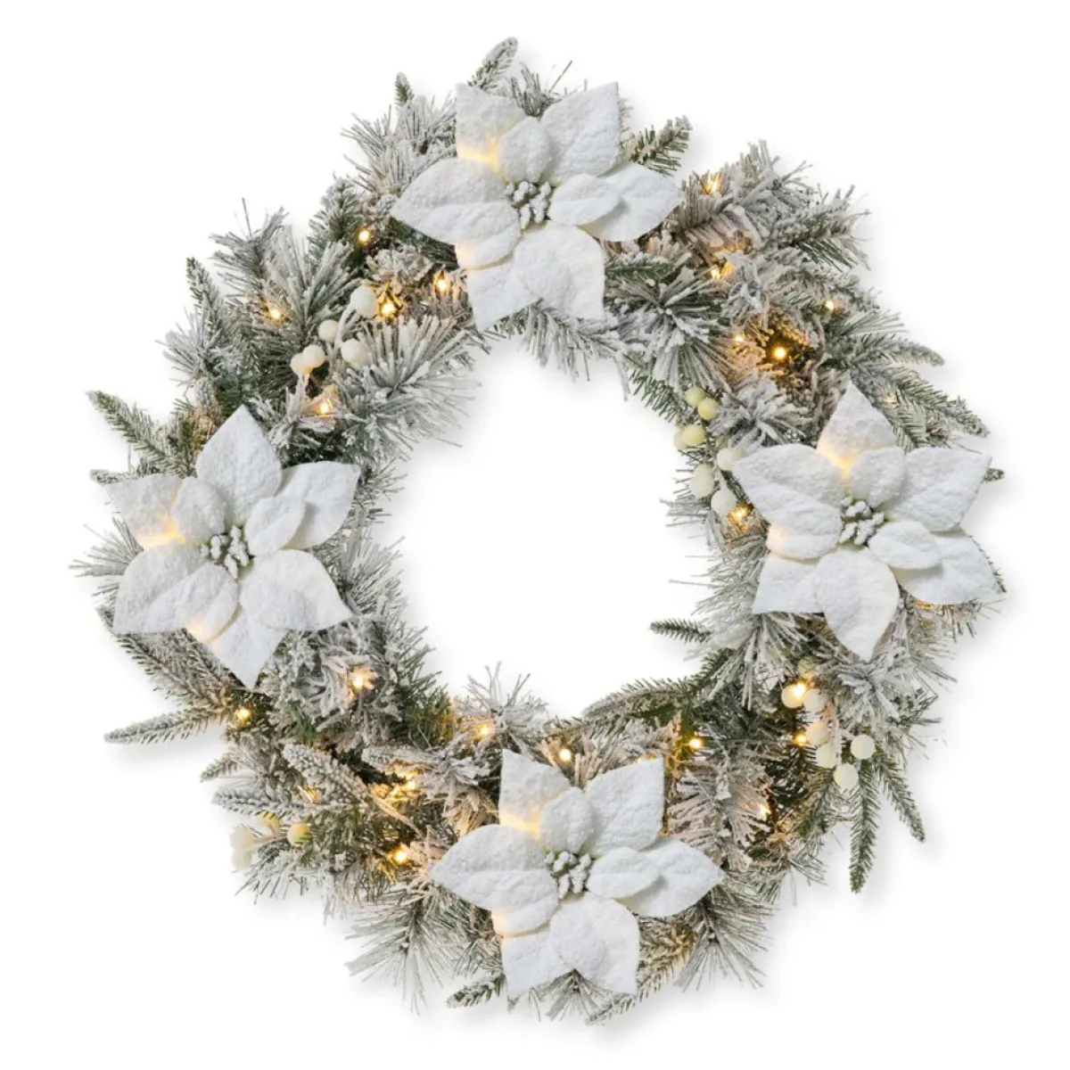Glitzhome Wreaths, Garlands & More | 24" D Led Flocked Greenery Pine Poinsettia Christmas Wreath