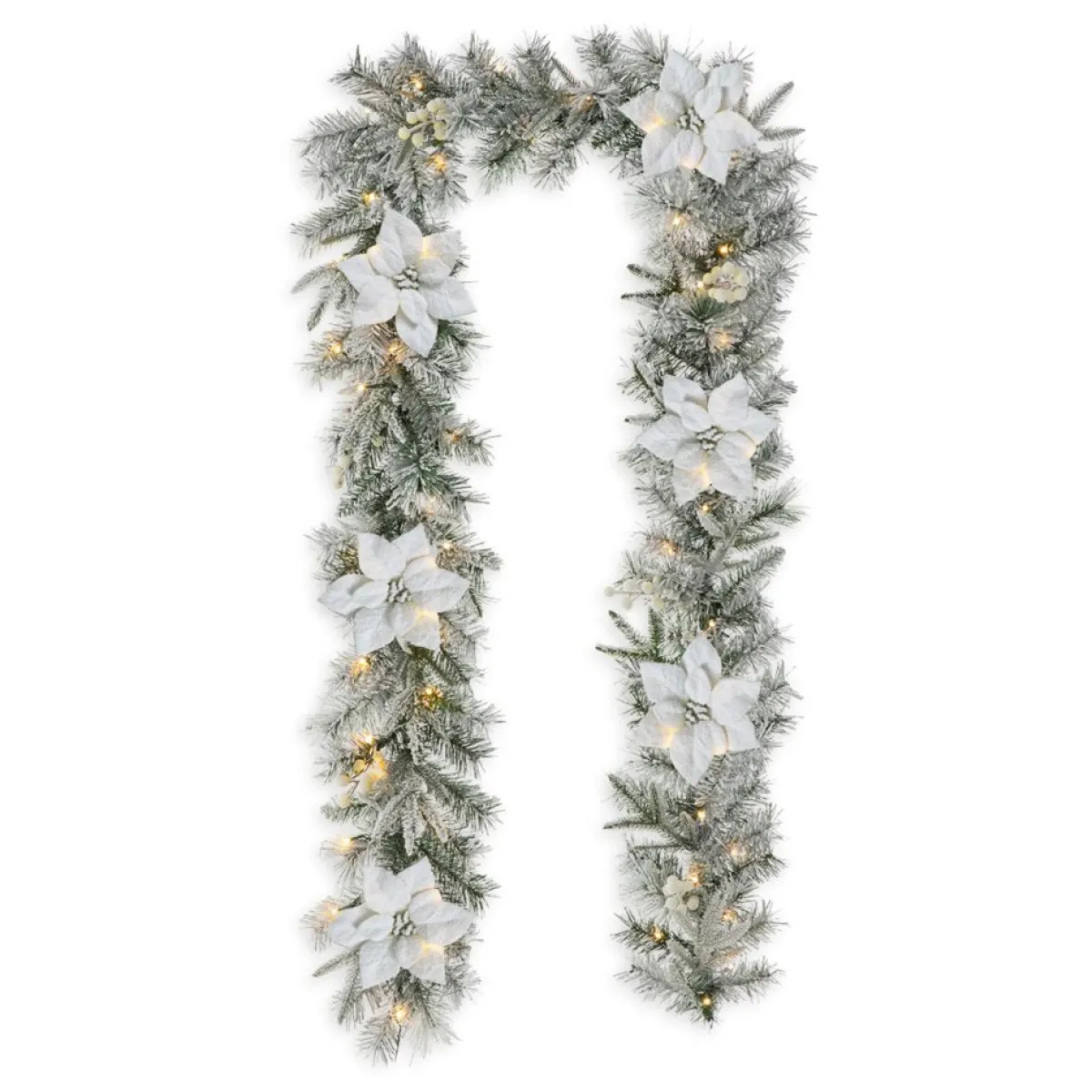 Glitzhome Wreaths, Garlands & More | 9' Pre-Lit Snow Flocked Greenery Pine Poinsettia Garland