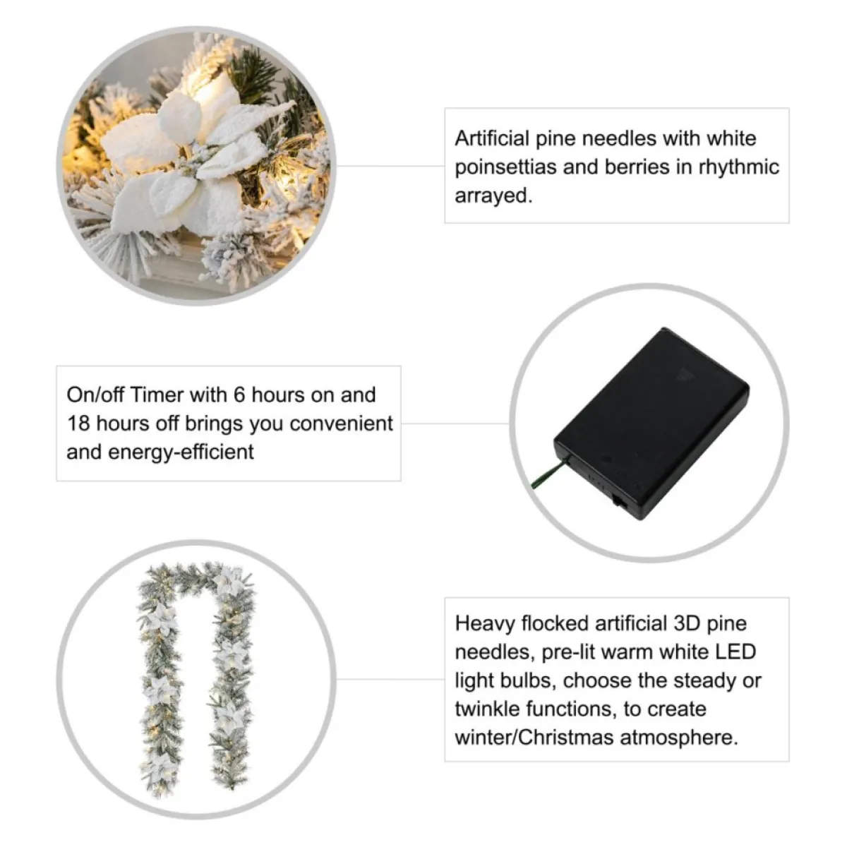 Glitzhome Wreaths, Garlands & More | 9' Pre-Lit Snow Flocked Greenery Pine Poinsettia Garland