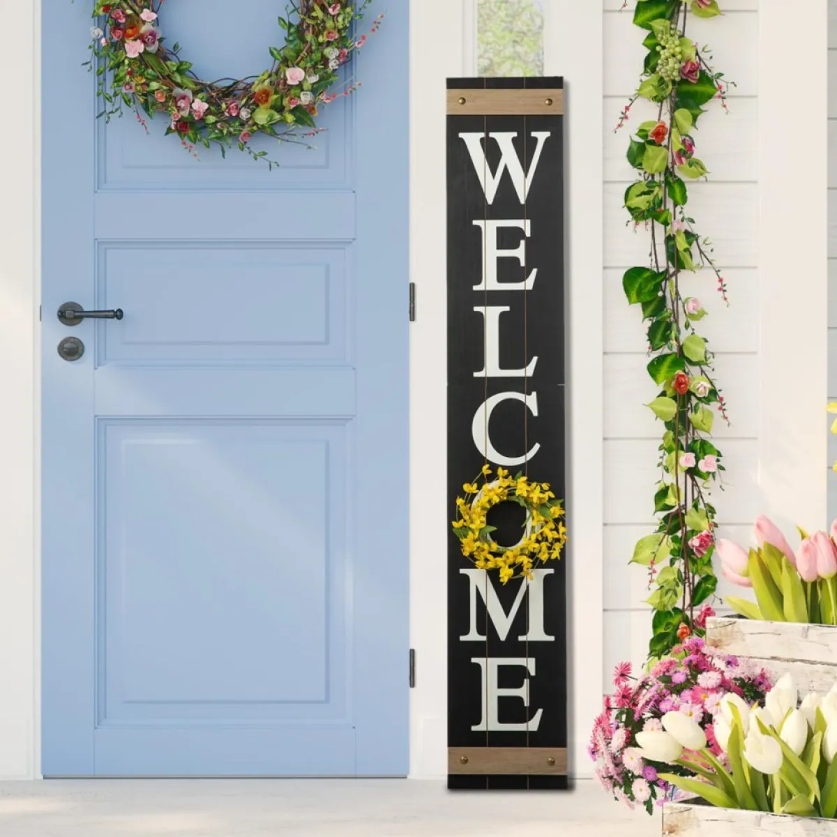 glitzhome__wooden_welcome_porch_sign_w_interchangeable_wreaths_2.webp Glitzhome Outdoor Decor | 60" Wooden Welcome Porch Sign W/4 Interchangeable Wreaths