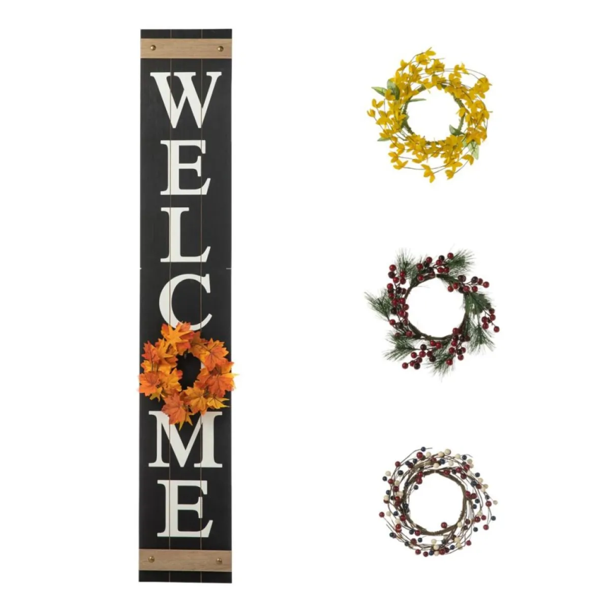 glitzhome__wooden_welcome_porch_sign_w_interchangeable_wreaths_3.webp Glitzhome Outdoor Decor | 60" Wooden Welcome Porch Sign W/4 Interchangeable Wreaths