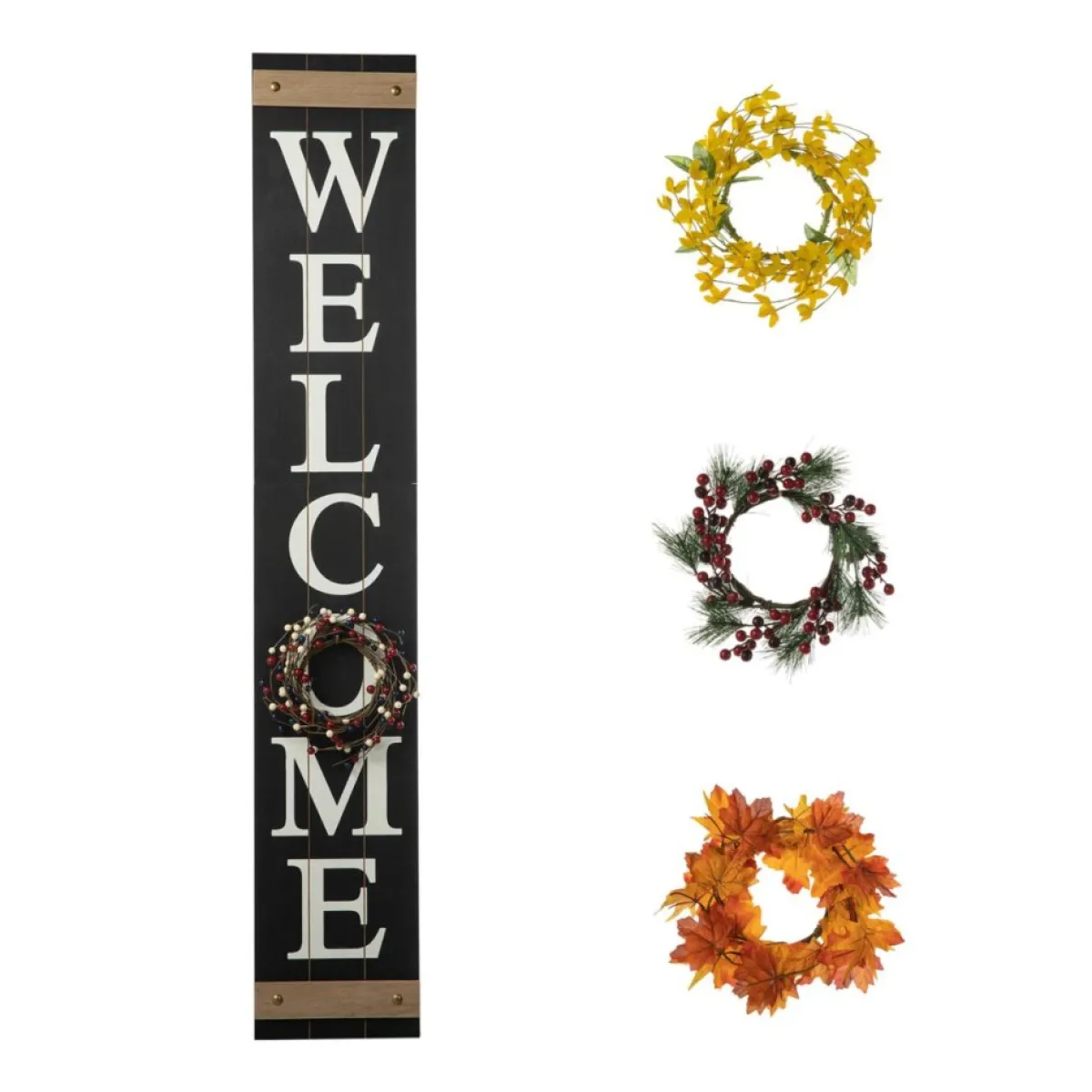 glitzhome__wooden_welcome_porch_sign_w_interchangeable_wreaths_5.webp Glitzhome Outdoor Decor | 60" Wooden Welcome Porch Sign W/4 Interchangeable Wreaths
