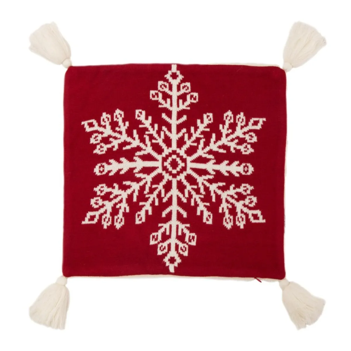 Glitzhome Holiday Textiles | 18In Knitted Snowflake Acrylic Red Pillow Cover With Tassels
