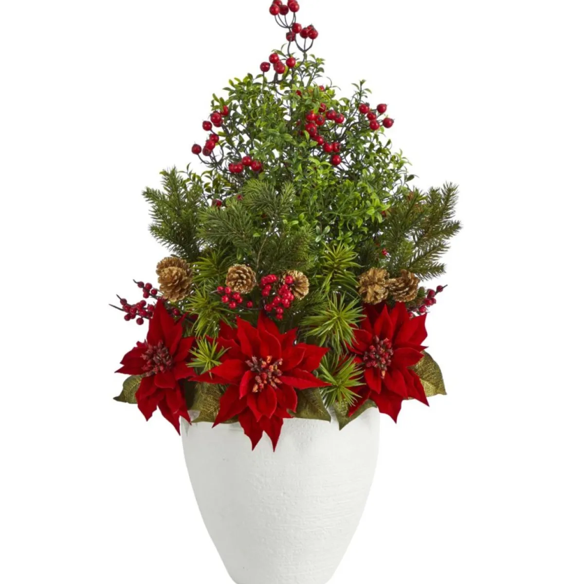 Nearly Natural Indoor Decor | 32 In. Poinsettia, Boxwood And Succulent Artificial Arrangement In White Vase