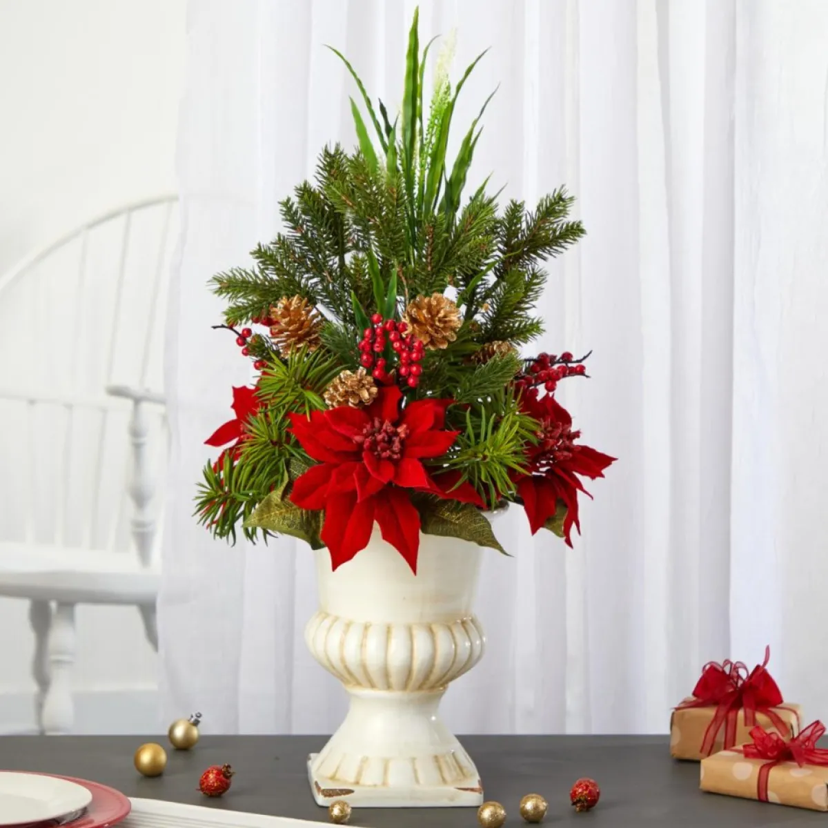 Nearly Natural Wreaths, Garlands & More | 28 In. Poinsettia, Grass And Succulent Artificial Arrangement In White Urn