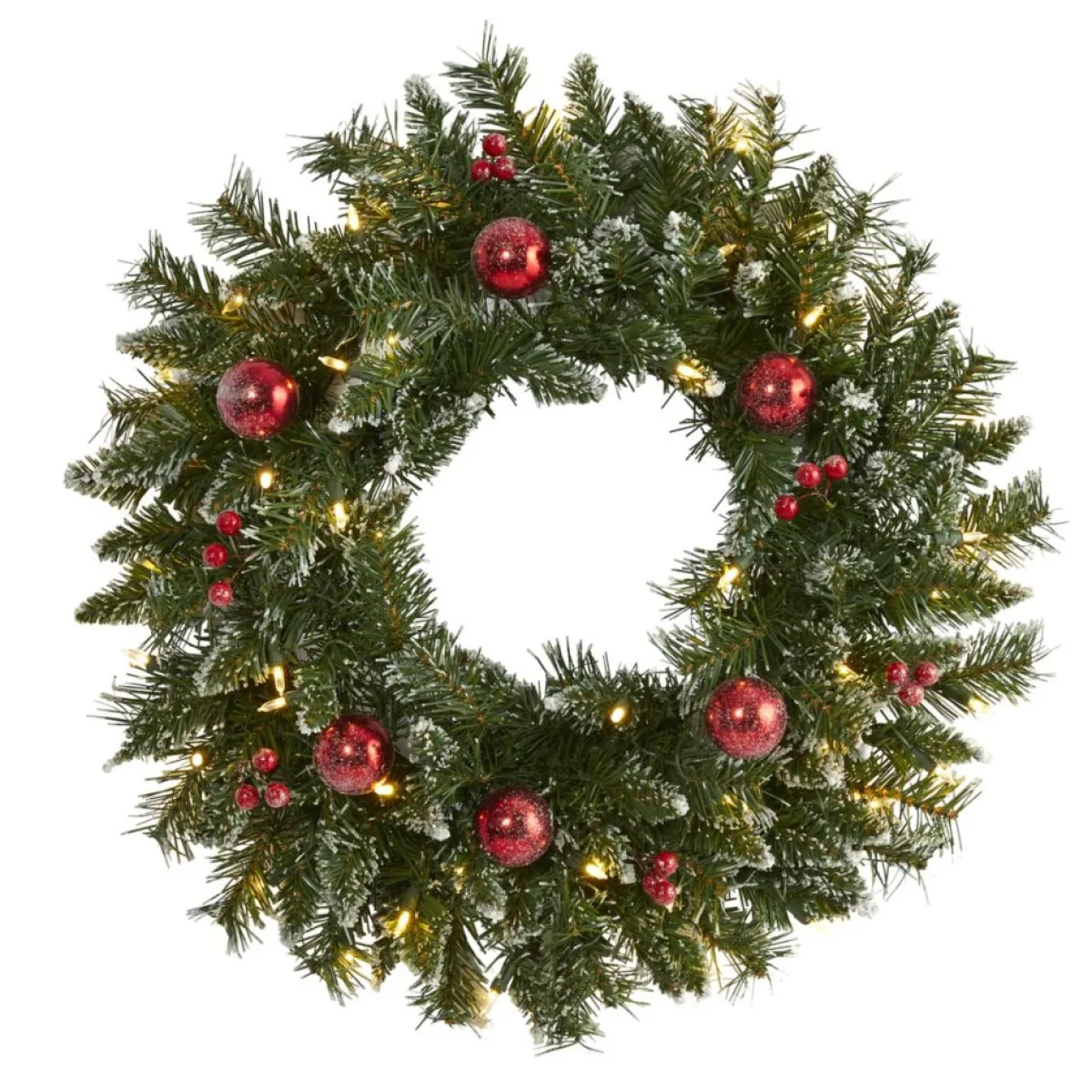 Nearly Natural Wreaths, Garlands & More | 24 In. Frosted Christmas Wreath With 50 Lights