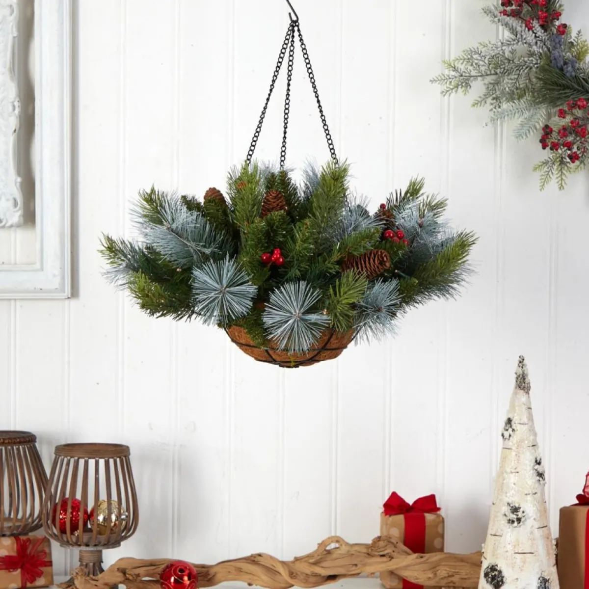 Nearly Natural Wreaths, Garlands & More | 24 In. Holiday Pre Lit Berries Christmas Hanging Basket