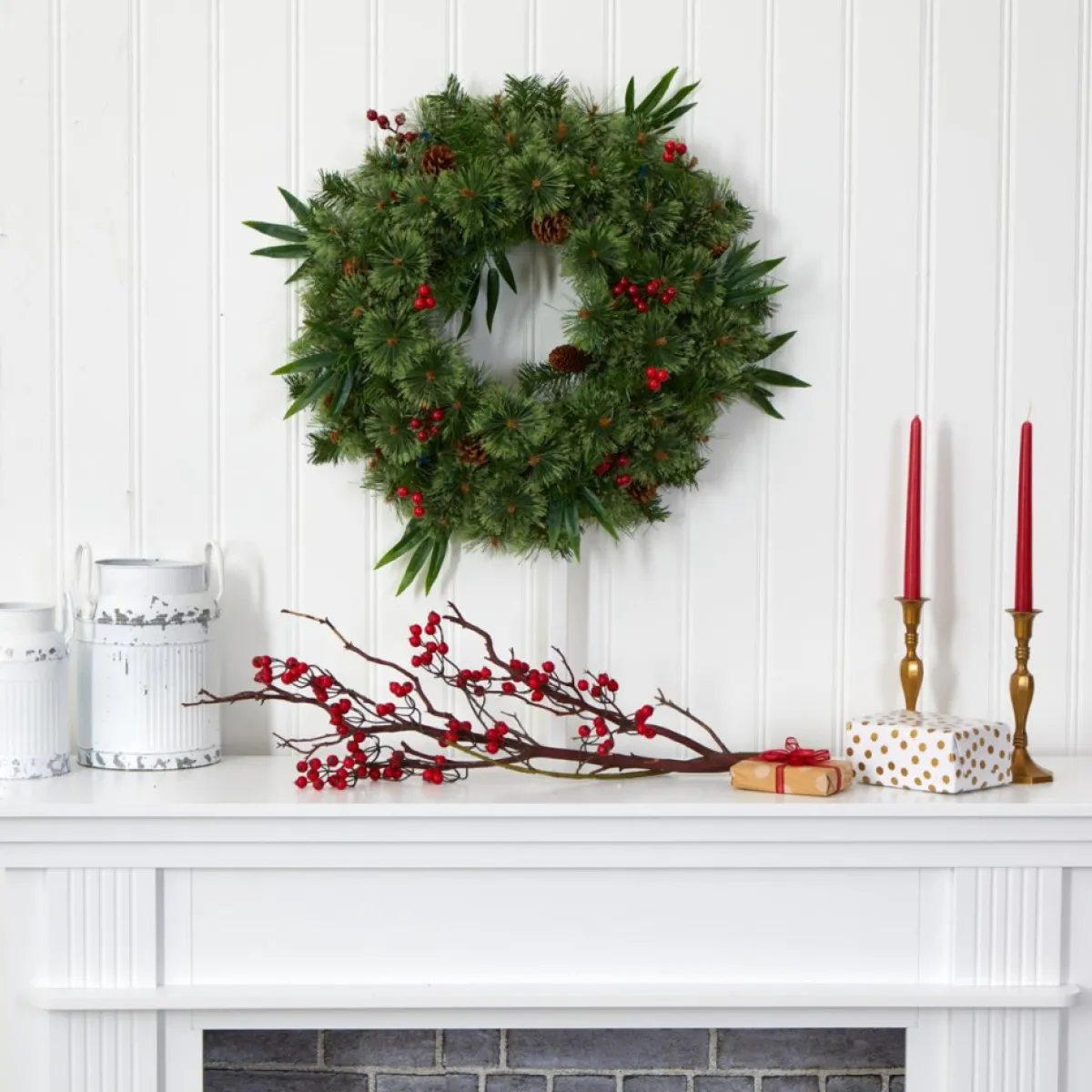 Nearly Natural Wreaths, Garlands & More | 24 In. Mixed Pine Christmas Wreath With Lights