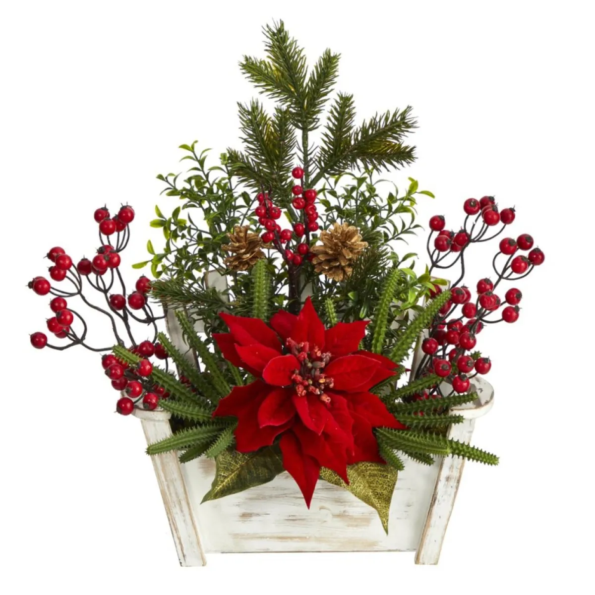 Nearly Natural Wreaths, Garlands & More | 18 In. Poinsettia, Succulent And Berries In Planter