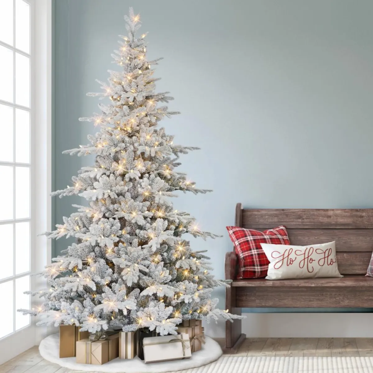 Puleo International Christmas Trees | 7' Pre-Lit Flocked Utah Fir Tree, 500 Led Lights