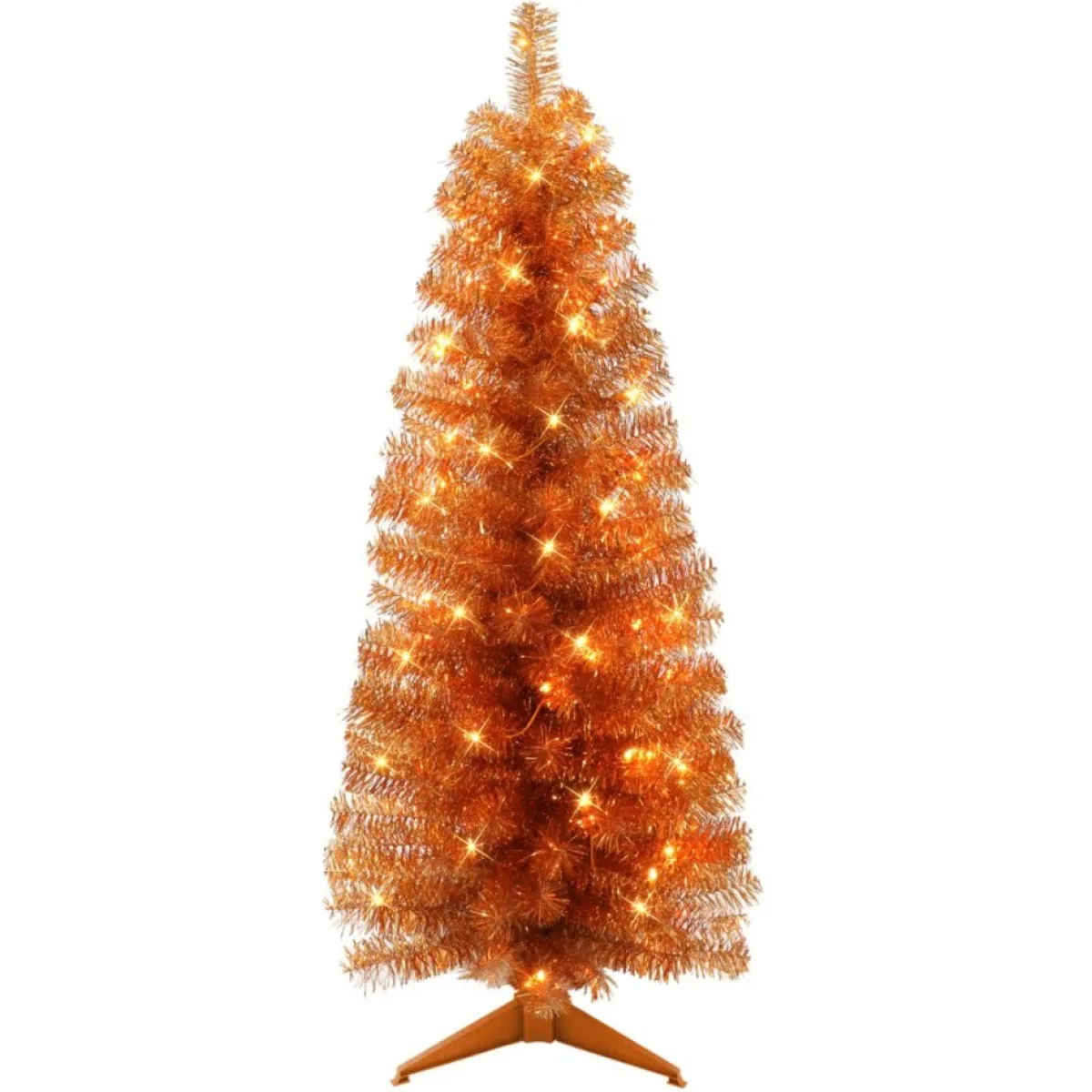 Puelo International Christmas Trees | Puleo International 4.5' Pre-Lit Orange Tinsel Tree W/ 70 Clear Lights
