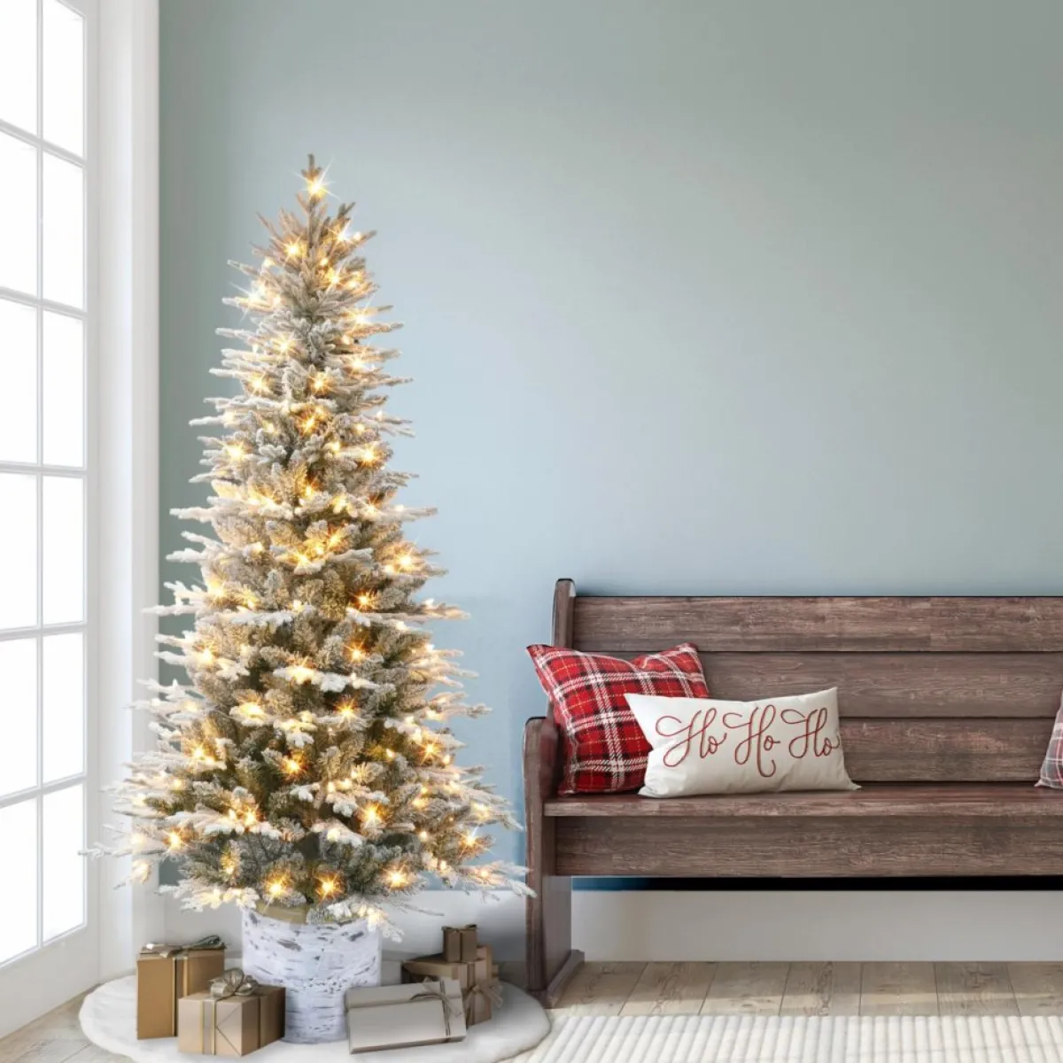 Puelo International Christmas Trees | Puleo International 6' Pre-Lit Potted Flocked Arctic Fir Tree