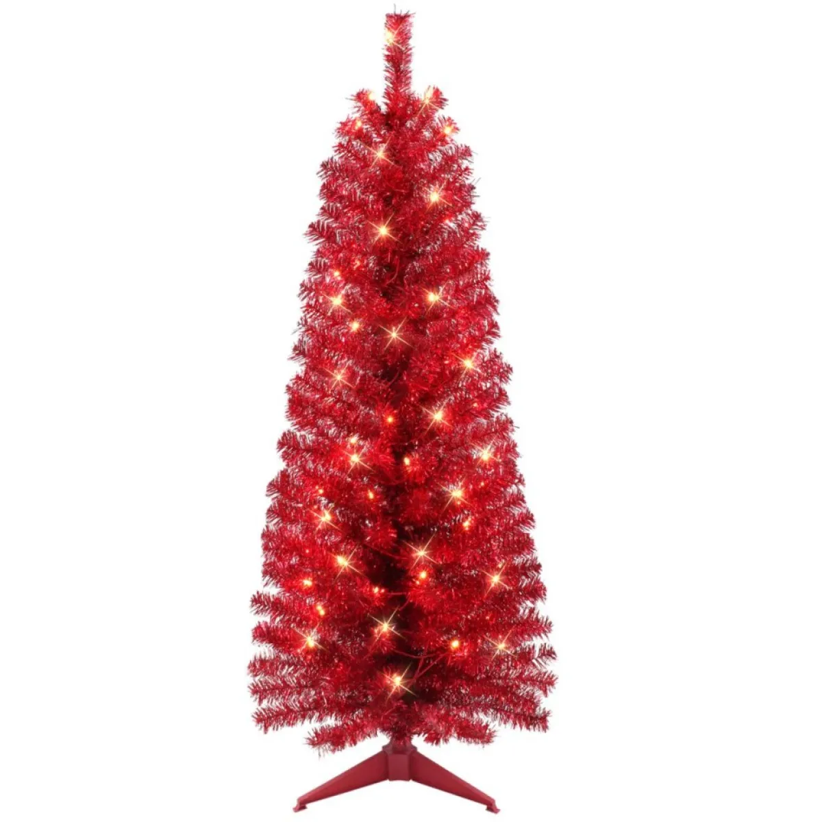 Puleo International Christmas Trees | 4.5' Pre-Lit Red Tinsel Tree