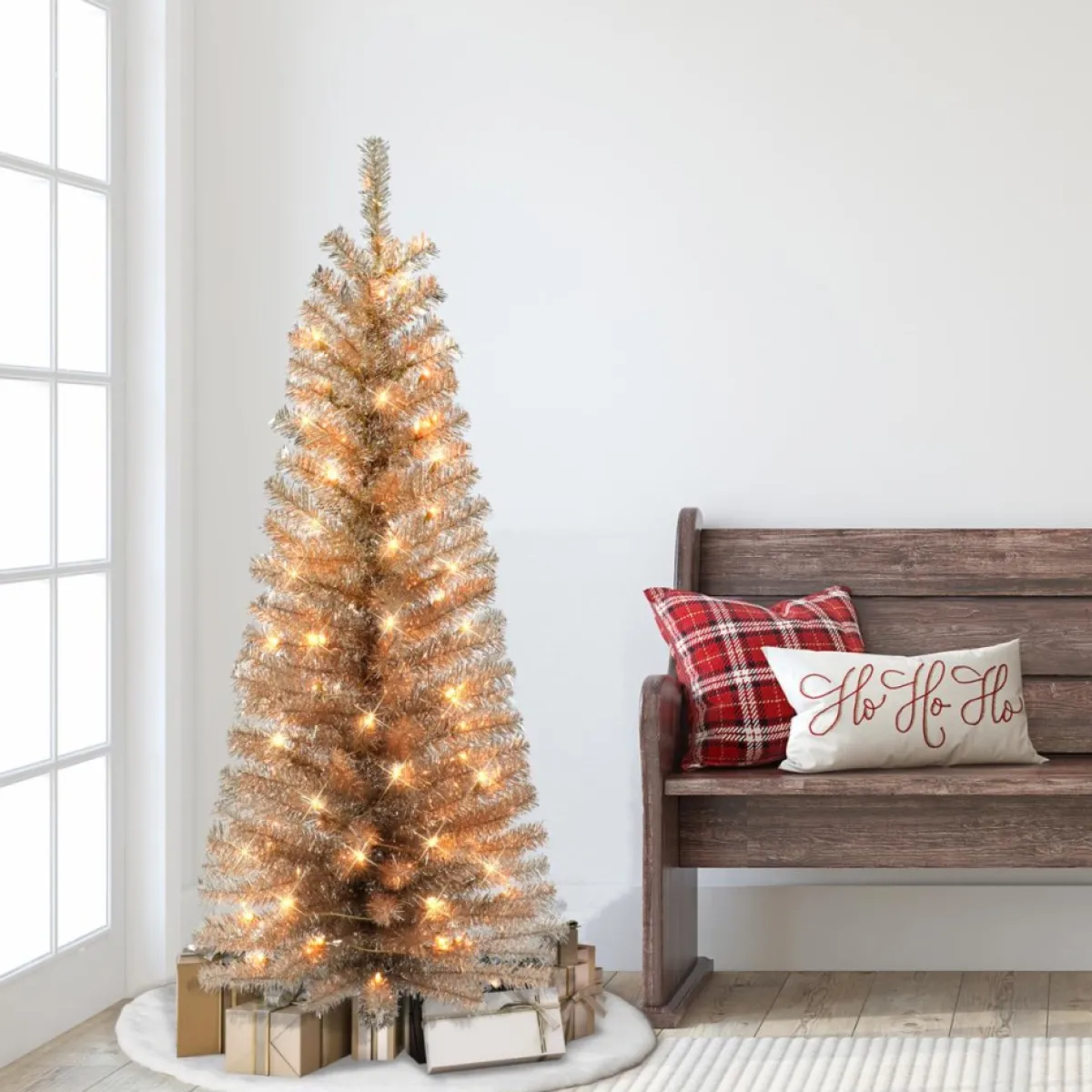 Puelo International Christmas Trees | Puleo International 4.5' Pre-Lit Rose Gold Tinsel Tree 70 Clear Lights