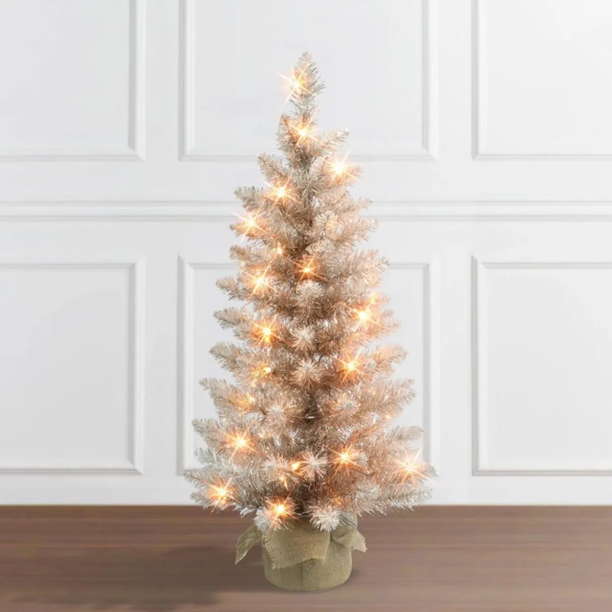 Puelo International Christmas Trees | Puleo International 3' Pre-Lit Rose Gold Tree 50 Lights Burlap Base