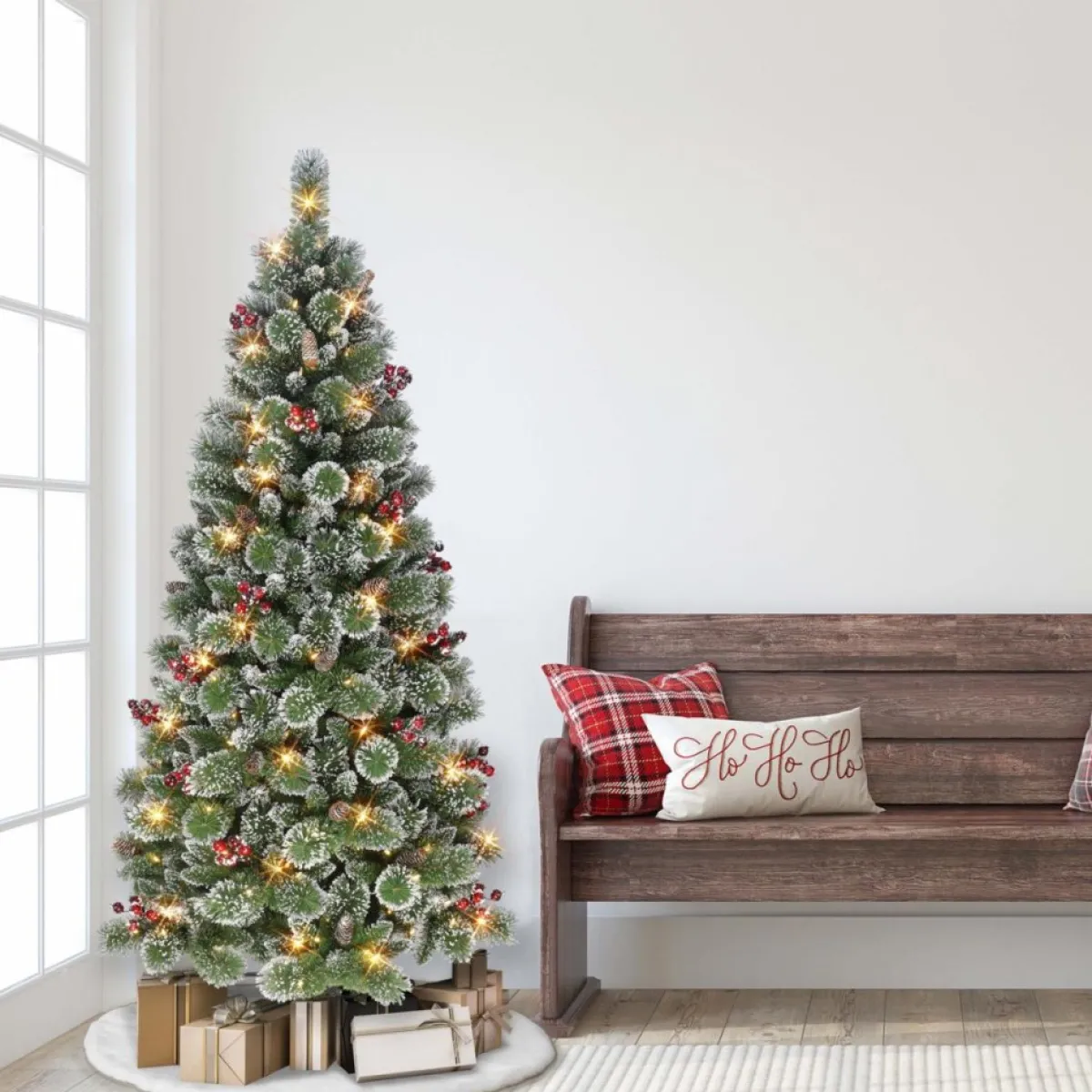 Puelo International Christmas Trees | Puleo International 6.5' Pre-Lit Snowy Pine Tree 200 Warm White Lights