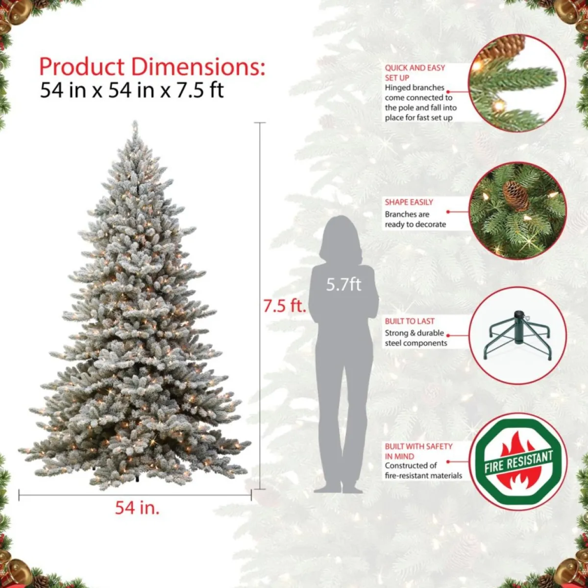 Puleo International Christmas Trees | Puleo Intl. 7.5' Pre-Lit Royal Fraser Fir Flocked Tree W/ Memory Tips