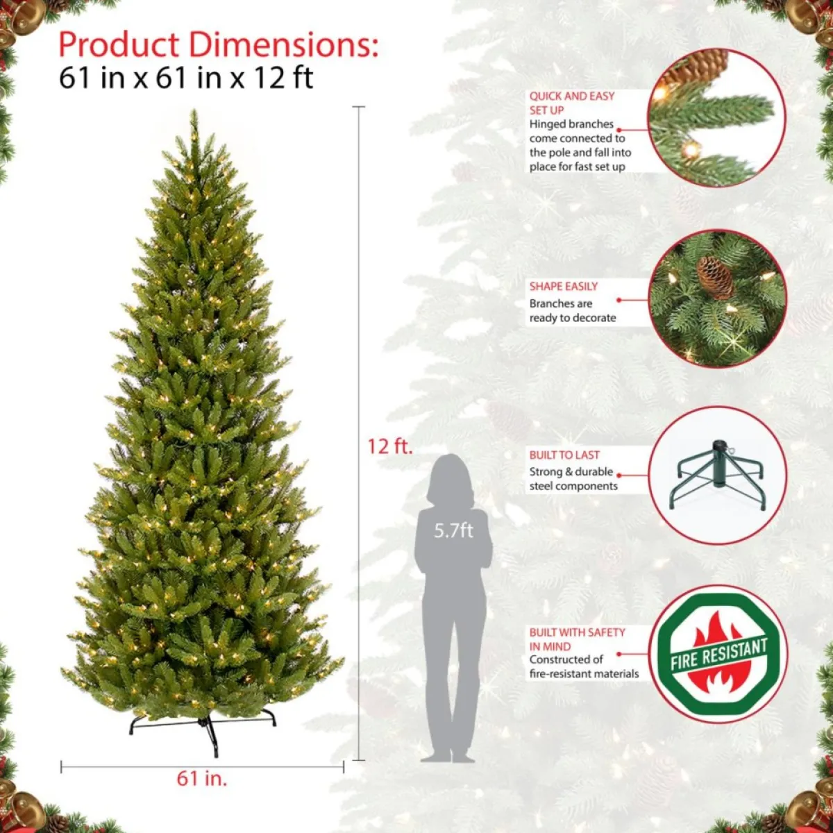 Puleo International Christmas Trees | 12' Slim Franklin Fir Artificial Christmas Tree - 1200 Clear Lights
