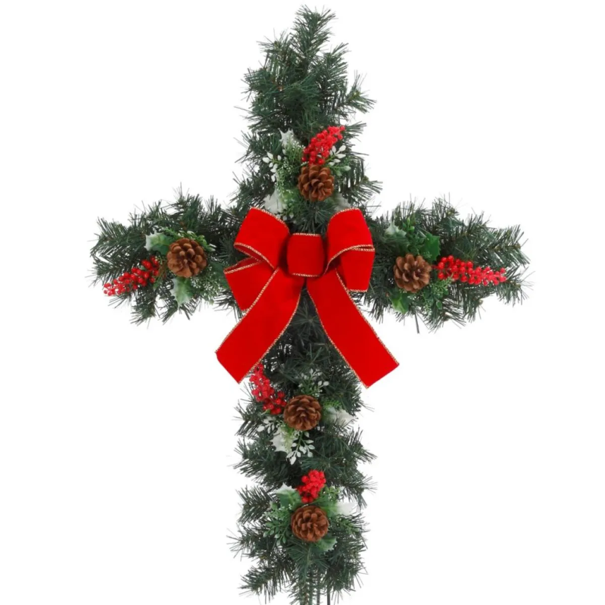 Gerson Indoor Decor | The Company 24" Greenery Cross W/ Red Berries & Red Bow Stake