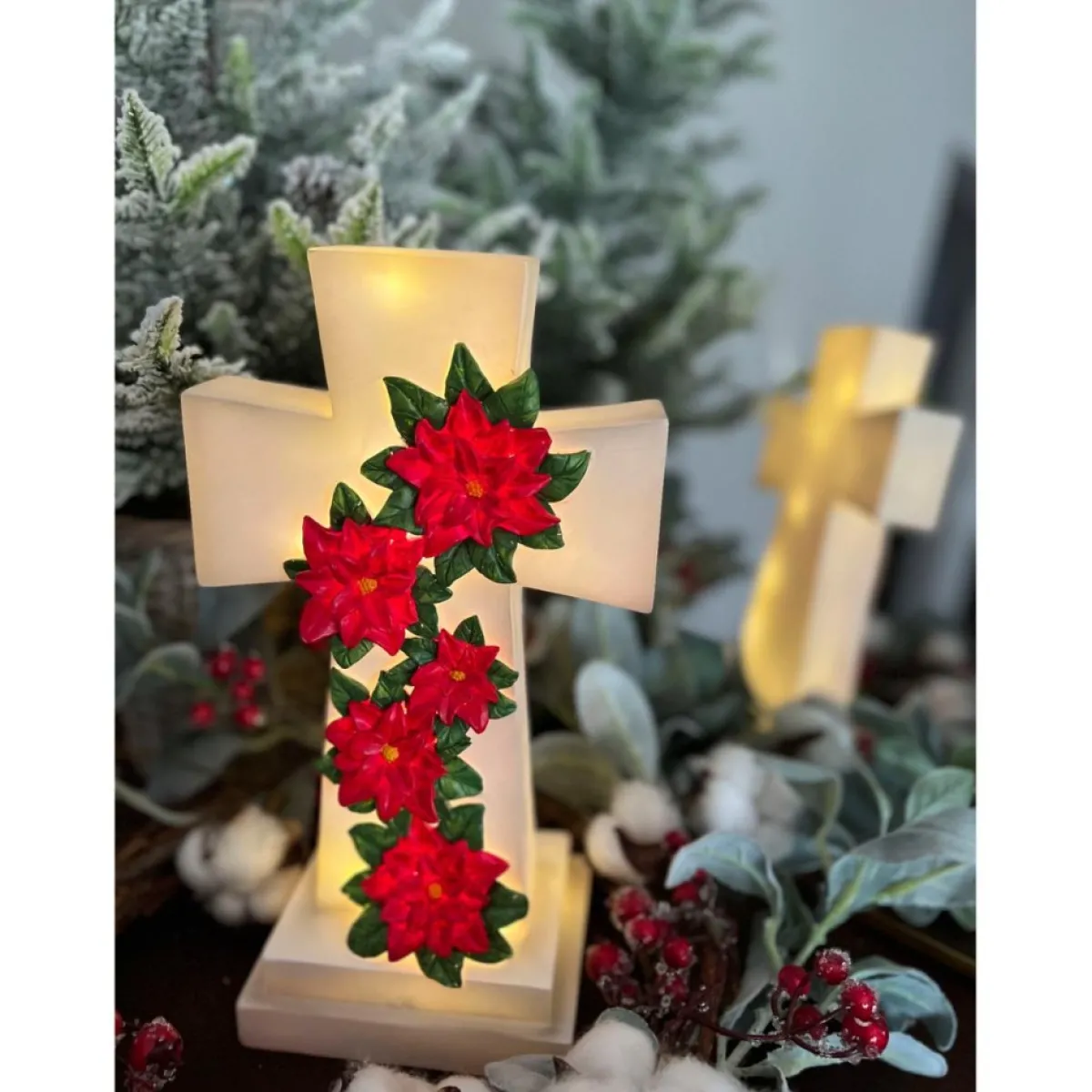 winter_lane__illuminated_holiday_cross_with_hour_timer_2.webp Winter Lane Indoor Decor | 12" Illuminated Holiday Cross With 6-Hour Timer