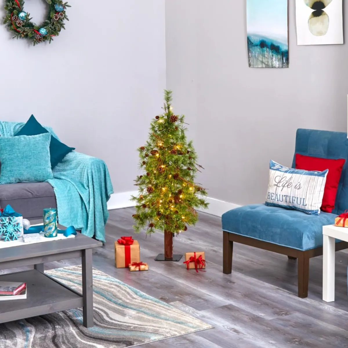 Nearly Natural Christmas Trees | 4' Wyoming Alpine Artificial Christmas Tree With 50 Clear Multifunction Led Lights And Pine Cones On